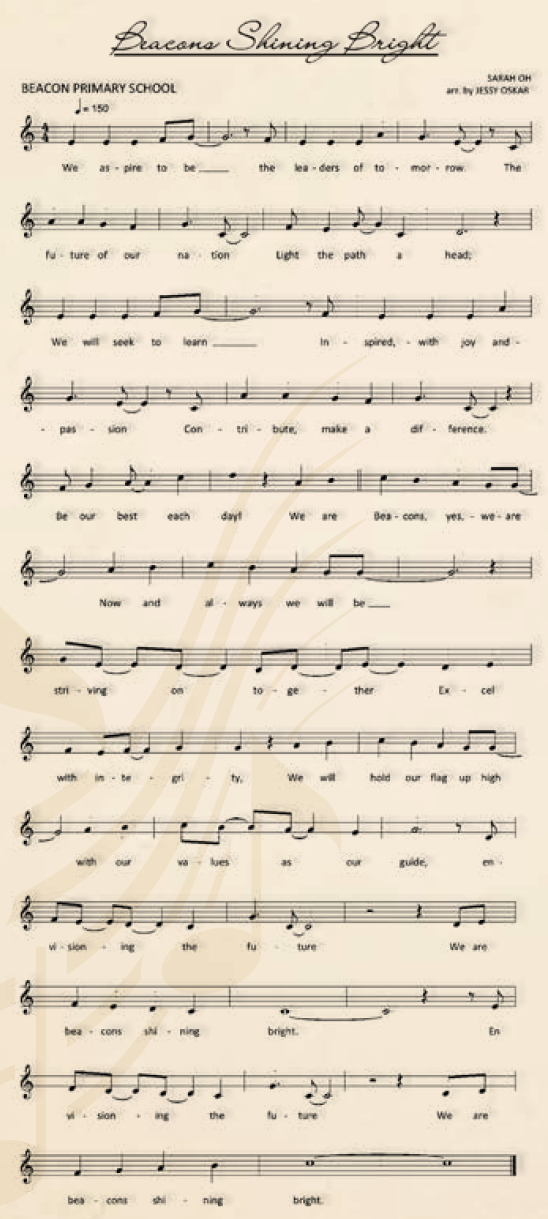 Sheet music titled Beacons Shining Bright by Sarah Oh, arranged by Jessy Oskar, for Beacon Primary School.